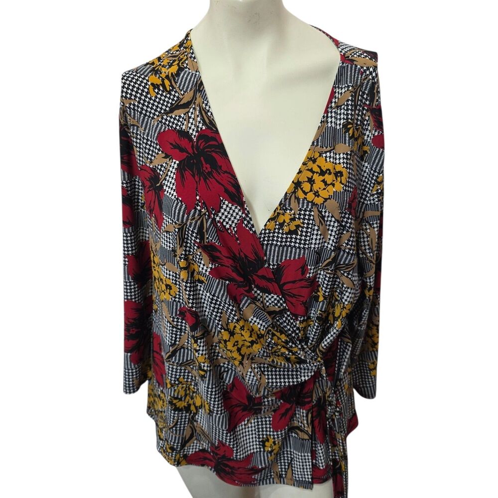 Evan Picone Black Label XL Floral Wrap Top Houndstooth V Neck Blouse